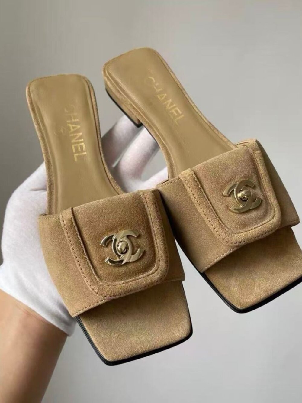 Chanel Beige Suede CC Turn‑Lock Square Toe Slide Sandals